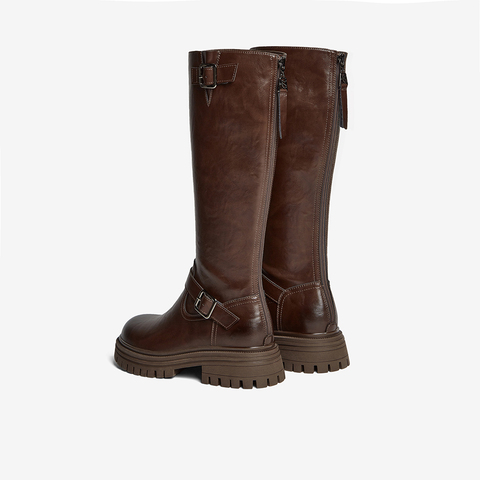 百思图2025冬季新款骑士靴时尚街头潮流通勤粗跟女长靴F2032DG5