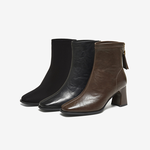 百思图2025冬季新款商场同款时装靴时尚通勤粗跟女短靴F5217DD5