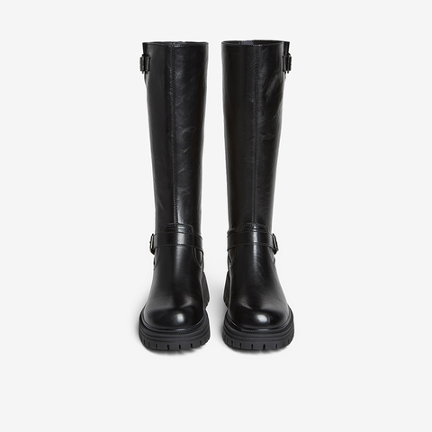 百思图2025冬季新款骑士靴时尚街头潮流通勤粗跟女长靴F2032DG5