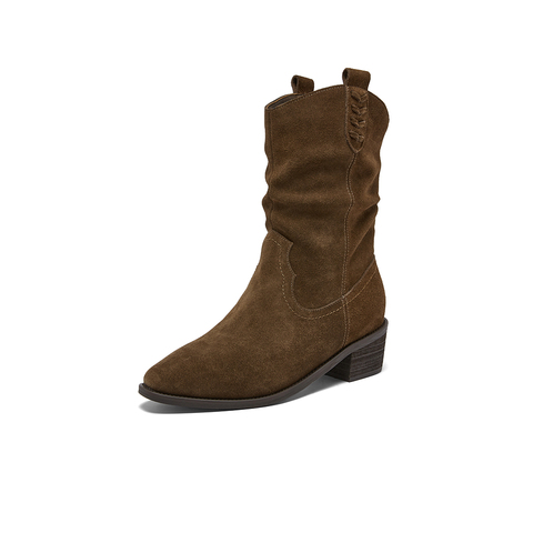 百思图2025冬季新款西部靴时尚复古潮流粗跟尖头女中靴BP107DZ5