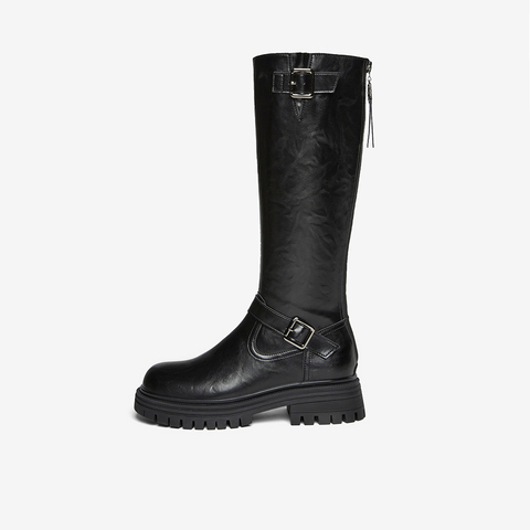 百思图2025冬季新款骑士靴时尚街头潮流通勤粗跟女长靴F2032DG5