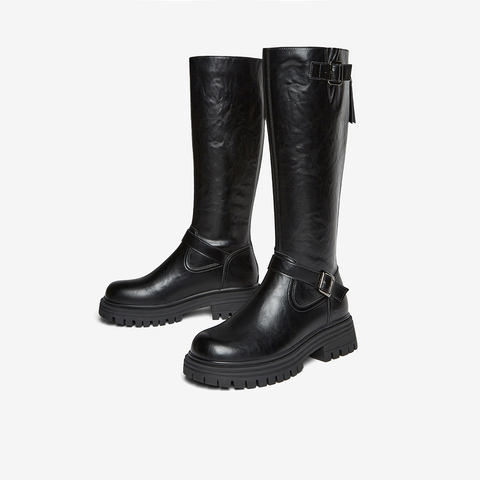 百思图2025冬季新款骑士靴时尚街头潮流通勤粗跟女长靴F2032DG5