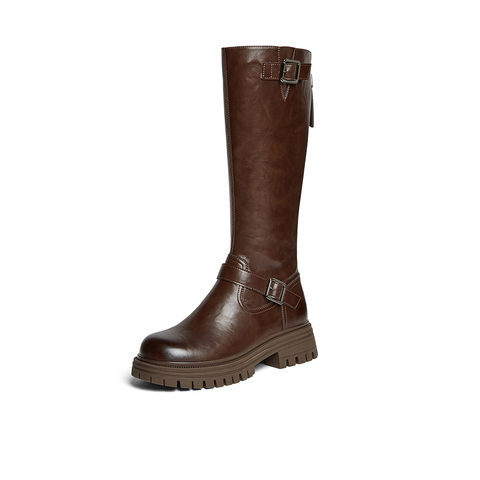 百思图2025冬季新款骑士靴时尚街头潮流通勤粗跟女长靴F2032DG5