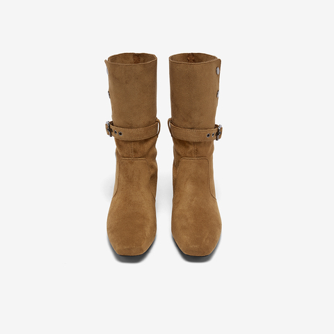 百思图2025冬季新款西部靴时尚潮流复古粗跟女中靴W0889DZ5