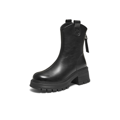 百思图2025冬季新款商场同款时装靴时尚简约粗跟女中靴BV239DZ5