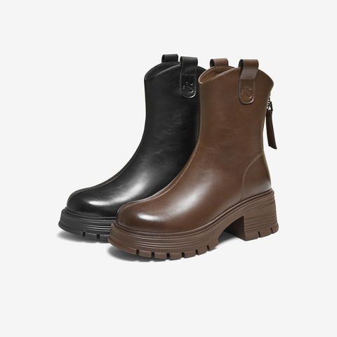 百思图2025冬季新款商场同款时装靴时尚简约粗跟女中靴BV239DZ5