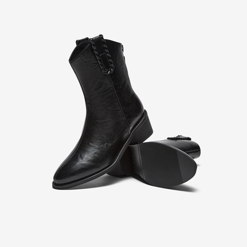 百思图2025冬季新款时装靴时尚简约潮流通勤粗跟女中靴F3011DZ5