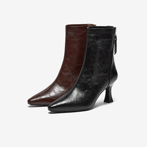百思图2025冬季新款时装靴简约潮流细高跟尖头女短靴F5303DZ5