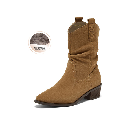 百思图2025冬季新款西部靴时尚复古潮流粗跟尖头女中靴BP107DZ5