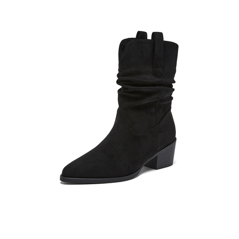 百思图2025冬季新款堆堆靴时装靴时尚潮流粗跟尖头女中靴F3061DZ5