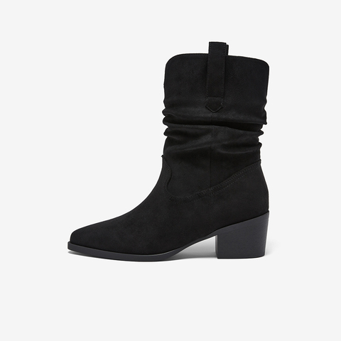 百思图2025冬季新款堆堆靴时装靴时尚潮流粗跟尖头女中靴F3061DZ5