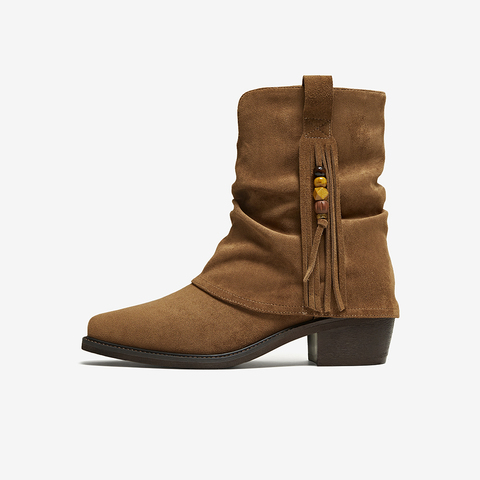 百思图2025冬季新款西部堆堆靴时尚潮流复古粗跟女中靴BP073DZ5