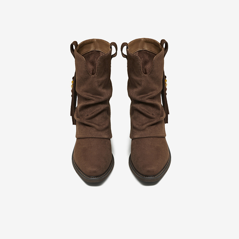 百思图2025冬季新款西部堆堆靴时尚潮流复古粗跟女中靴BP073DZ5