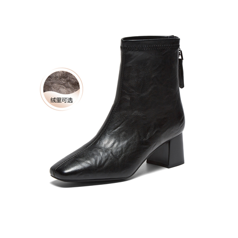 百思图2025冬季新款商场同款时装靴时尚潮流方头女短靴F5011DD5