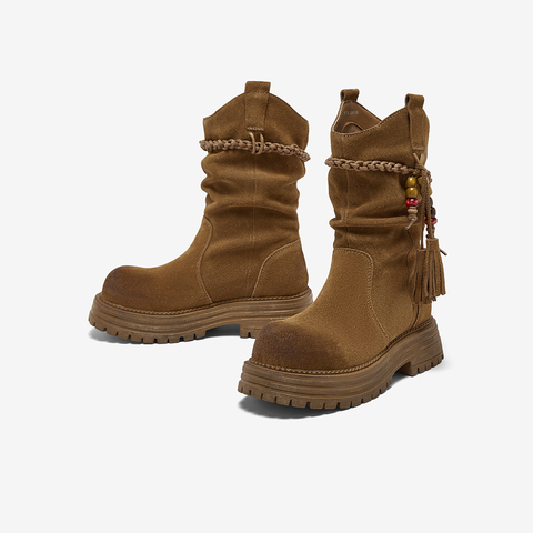 百思图2025冬季新款堆堆靴时尚潮流街头复古女中靴W0759DS5