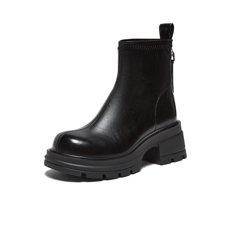 百思图2025冬季新款商场同款时装靴时尚通勤粗跟女短靴F2061DD5