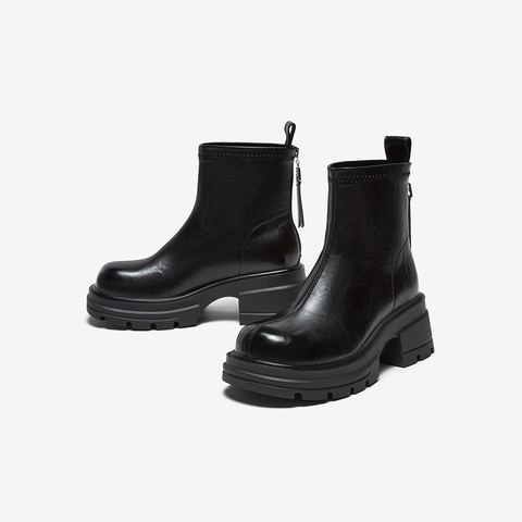 百思图2025冬季新款商场同款时装靴时尚通勤粗跟女短靴F2061DD5