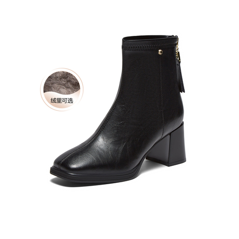 百思图2025冬季新款商场同款时装靴简约通勤粗跟女短靴F2091DD5