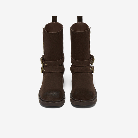 百思图2025冬季新款堆堆靴时尚简约通勤粗跟女中靴W6888DZ5