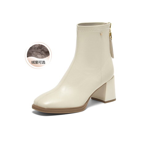 百思图2025冬季新款商场同款时装靴简约通勤粗跟女短靴F2091DD5