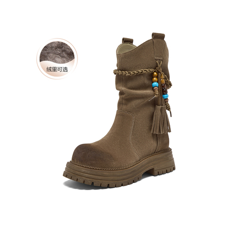 百思图2025冬季新款堆堆靴时尚潮流街头复古女中靴W0759DS5