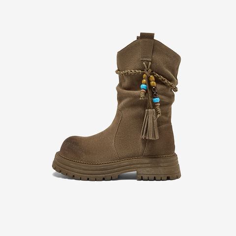 百思图2025冬季新款堆堆靴时尚潮流街头复古女中靴W0759DS5