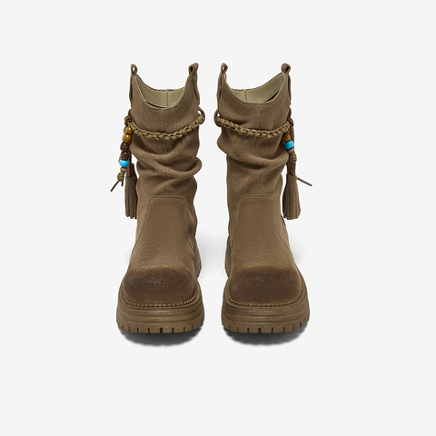 百思图2025冬季新款堆堆靴时尚潮流街头复古女中靴W0759DS5