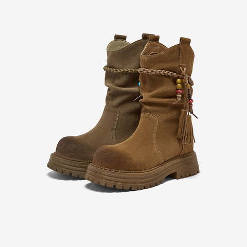 百思图2025冬季新款堆堆靴时尚潮流街头复古女中靴W0759DS5