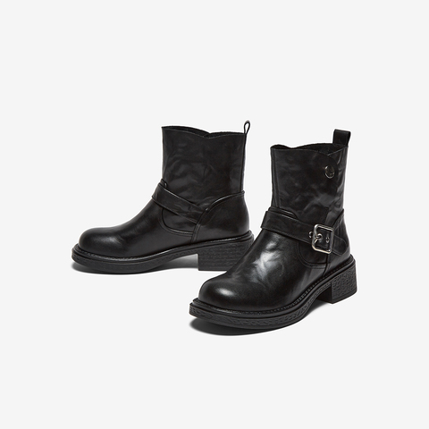 百思图2025冬季新款商场同款休闲靴简约通勤粗跟女短靴W1120DD5