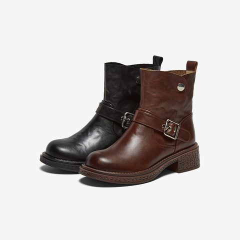 百思图2025冬季新款商场同款休闲靴简约通勤粗跟女短靴W1120DD5