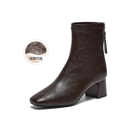 百思图2025冬季新款商场同款时装靴时尚潮流方头女短靴F5011DD5