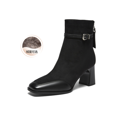 百思图2025冬季新款商场同款时装靴时尚粗高跟女短靴F2178DD5