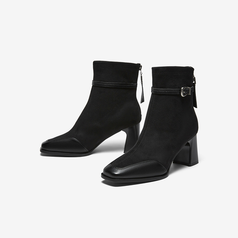 百思图2025冬季新款商场同款时装靴时尚粗高跟女短靴F2178DD5