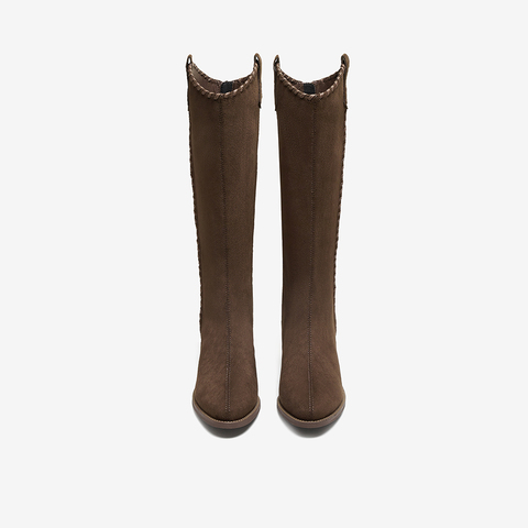 百思图2025冬季新款骑士靴潮流街头粗跟女长靴F3016DG5