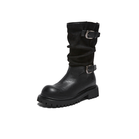 百思图2025冬季新款西部靴时尚复古潮流粗跟女中靴BP996DZ5