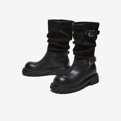 百思图2025冬季新款西部靴时尚复古潮流粗跟女中靴BP996DZ5