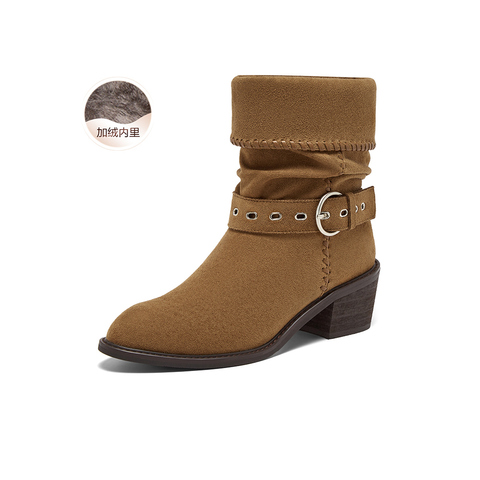 百思图2025冬季新款西部靴时尚潮流堆堆靴粗跟尖头女中靴B2732DZ5