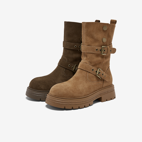 百思图2025冬季新款商场同款西部靴时尚复古厚底女中靴BP338DZ5