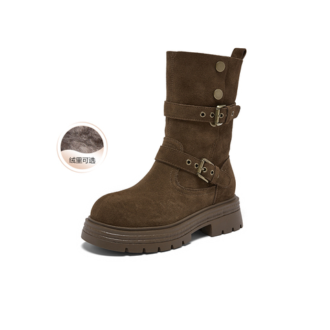 百思图2025冬季新款商场同款西部靴时尚复古厚底女中靴BP338DZ5