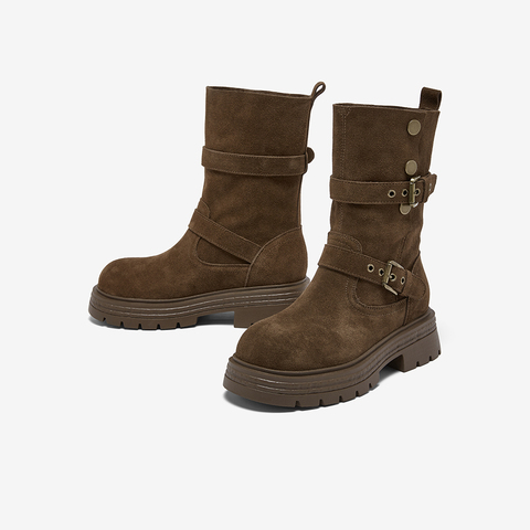 百思图2025冬季新款商场同款西部靴时尚复古厚底女中靴BP338DZ5