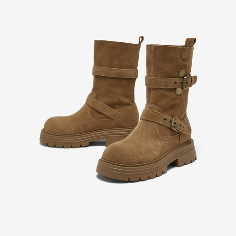 百思图2025冬季新款商场同款西部靴时尚复古厚底女中靴BP338DZ5
