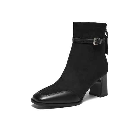 百思图2025冬季新款商场同款时装靴时尚粗高跟女短靴F2178DD5