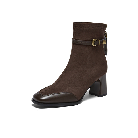 百思图2025冬季新款商场同款时装靴时尚粗高跟女短靴F2178DD5