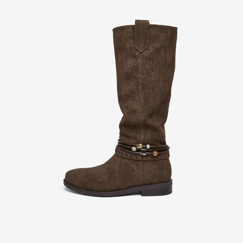 百思图2025冬季新款堆堆靴西部靴时尚复古女长靴W5862DG5