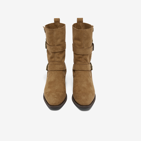 百思图2025冬季新款西部靴时尚潮流复古粗跟女中靴BP019DZ5