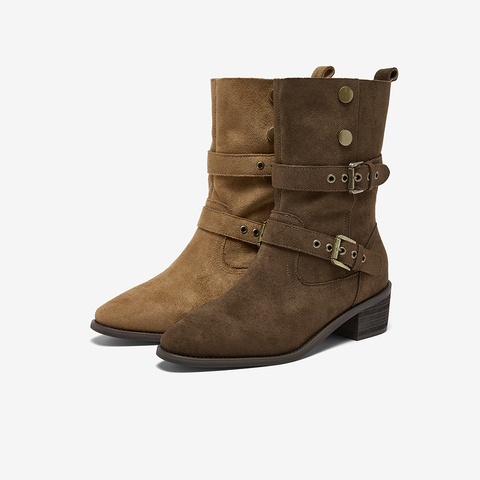 百思图2025冬季新款西部靴时尚潮流复古粗跟女中靴BP019DZ5