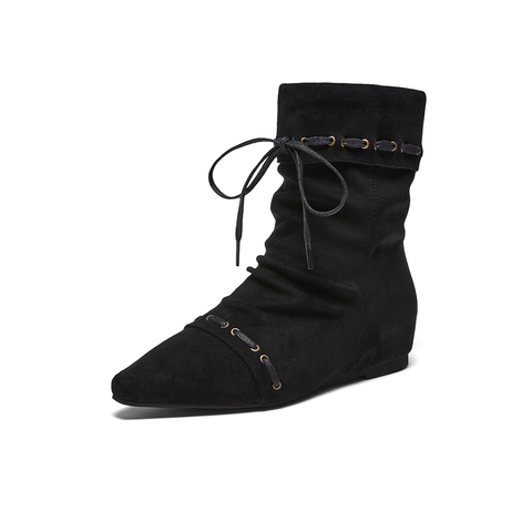 百思图2025冬季新款堆堆靴时尚潮流街头尖头女中靴W0871DZ5