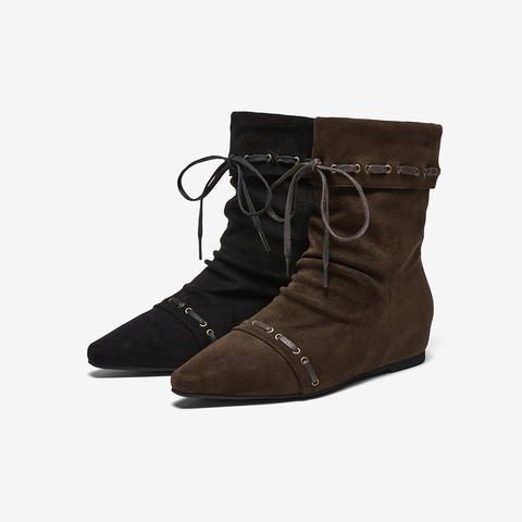 百思图2025冬季新款堆堆靴时尚潮流街头尖头女中靴W0871DZ5