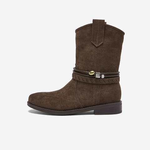 百思图2025冬季新款西部靴时髦复古街头潮流女短靴W5861DD5