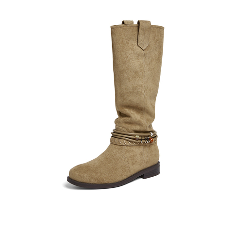 百思图2025冬季新款堆堆靴西部靴时尚复古女长靴W5862DG5